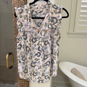 LOFT Ruffle Floral Blouse - Cream and Blue